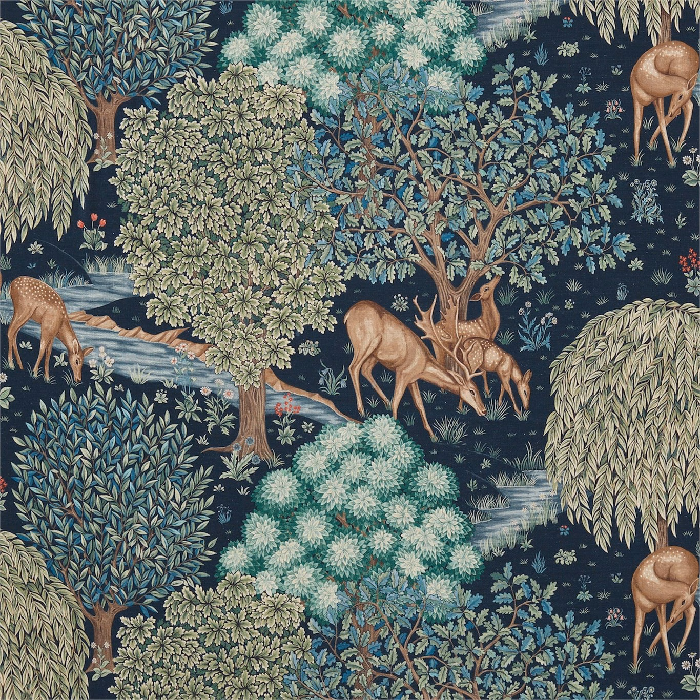 Deep navy woodland tapestry with blue-green trees, russet deer and pale blooms