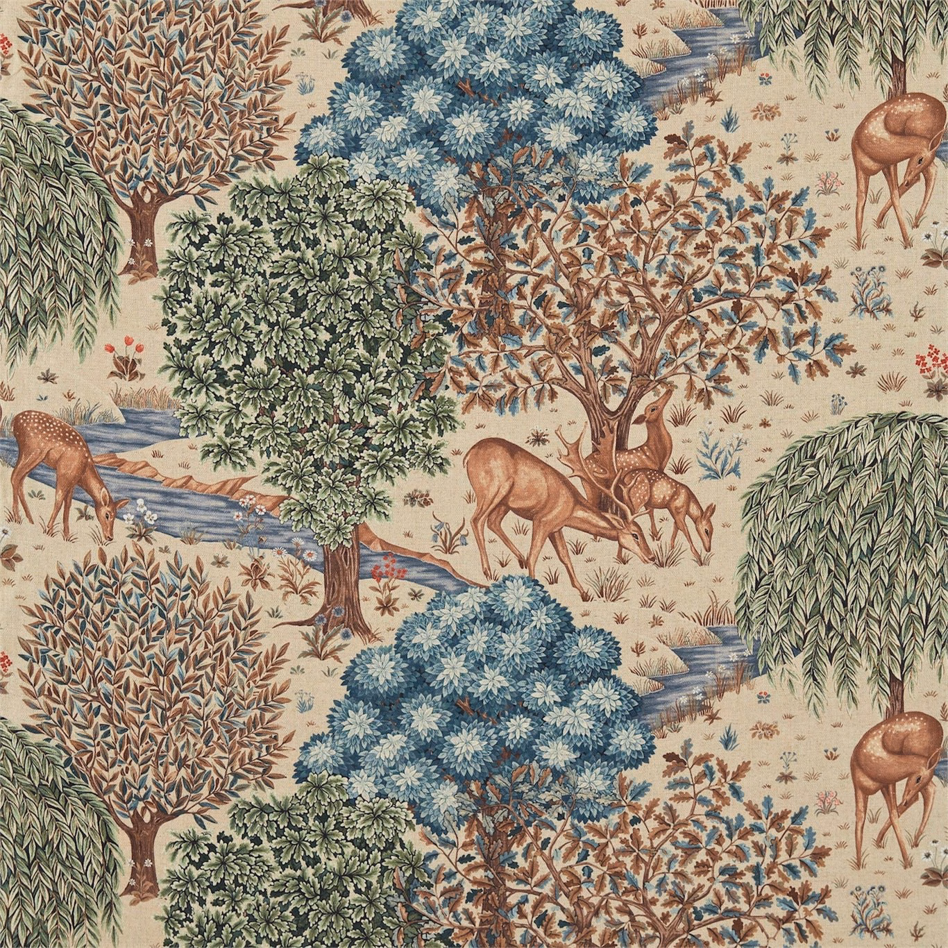Cream woodland tapestry with blue flowering trees, russet branches, green foliage and deer