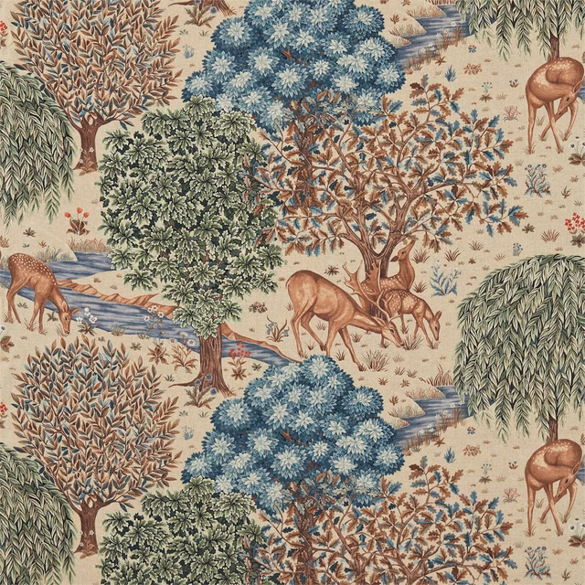 Cream woodland tapestry with blue flowering trees, russet branches, green foliage and deer