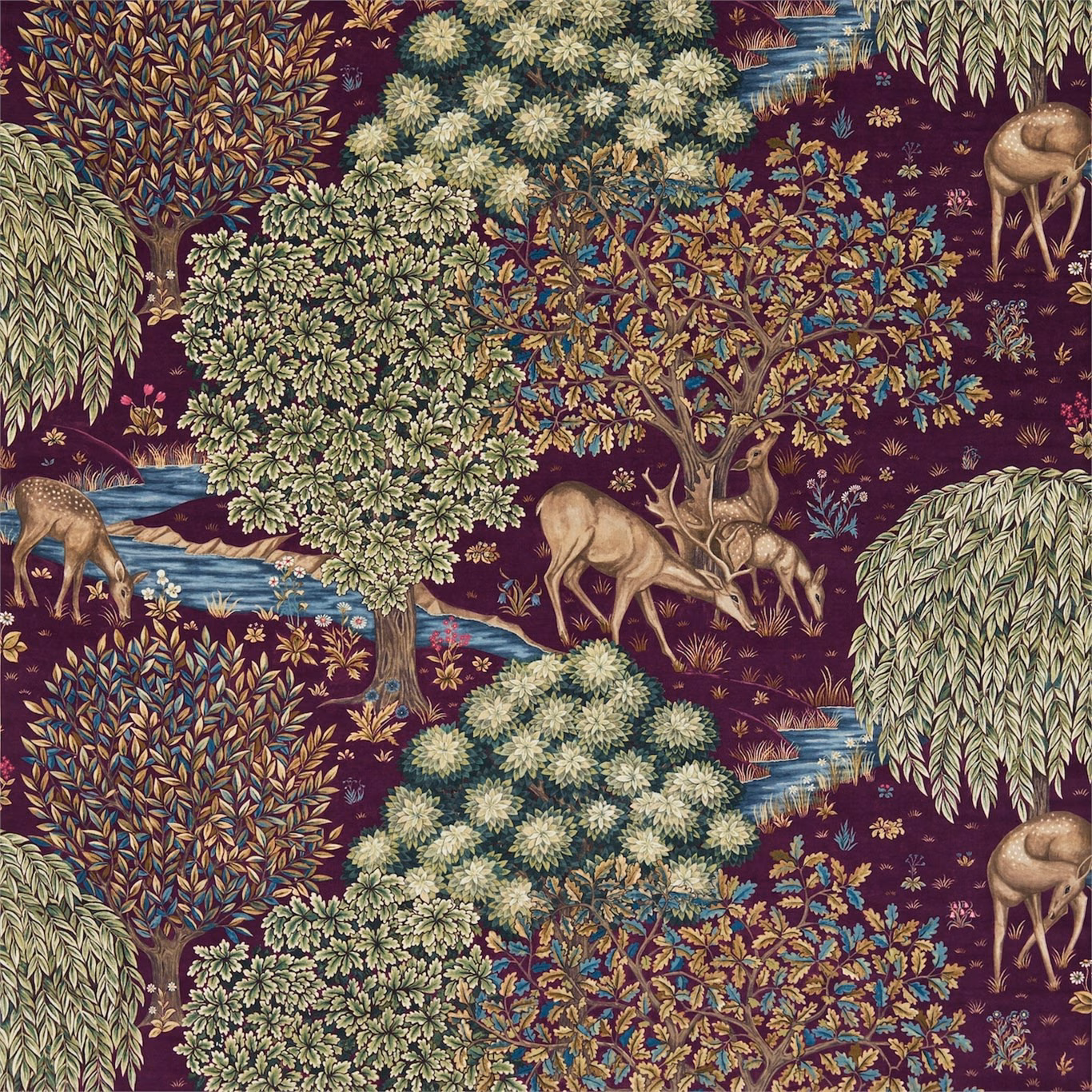Deep wine-red velvet with deer, leafy trees, streams and jewel-toned foliage