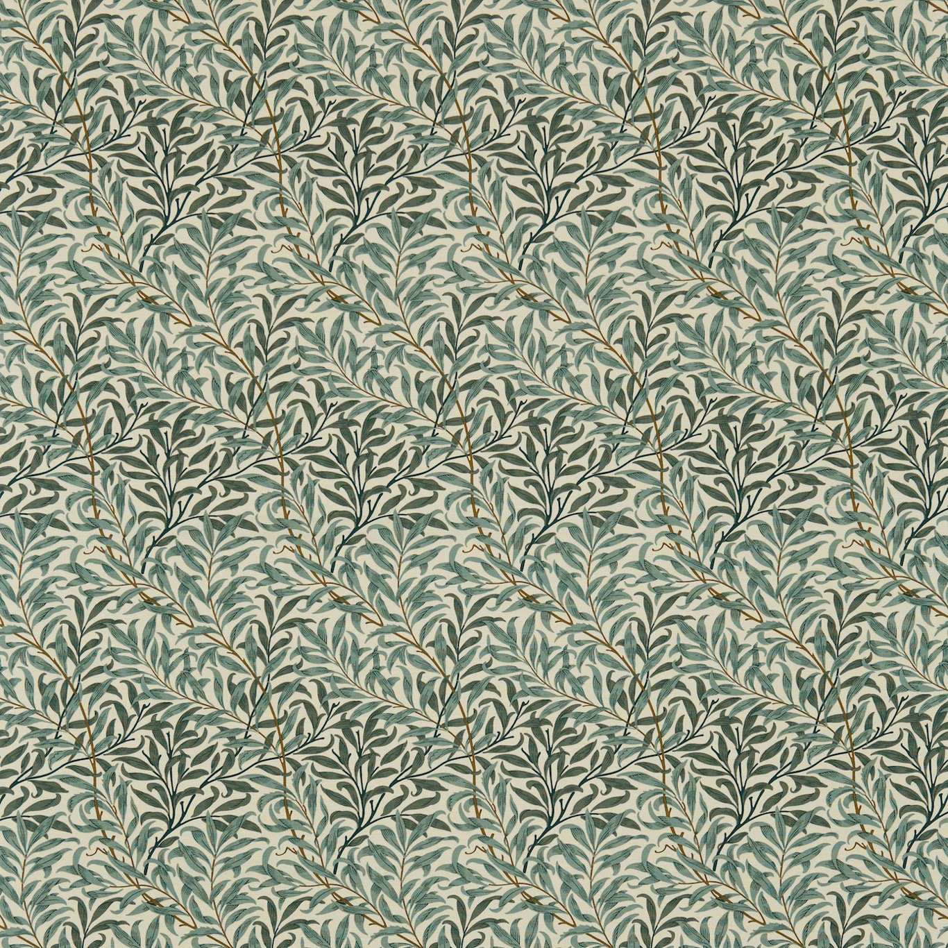 Cream fabric with curling sage-green leafy branches, pale foliage and fine brown stems