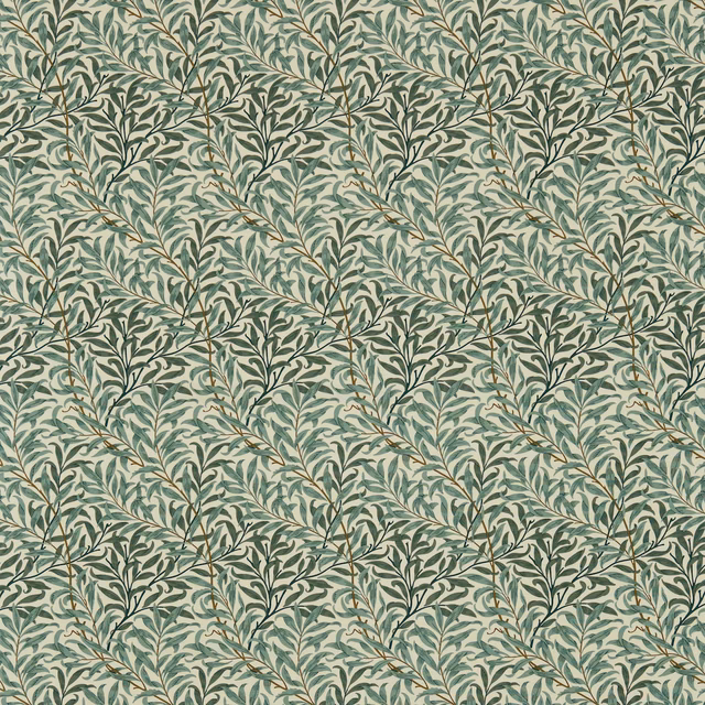 Cream fabric with curling sage-green leafy branches, pale foliage and fine brown stems
