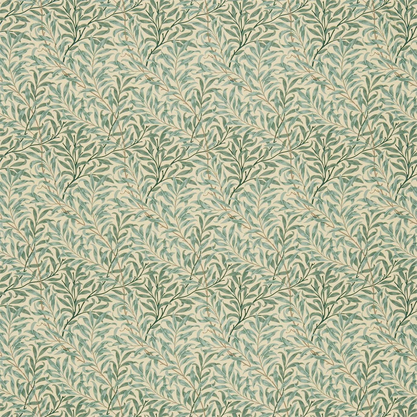 Cream fabric with pale green willow leaves and winding botanical branches