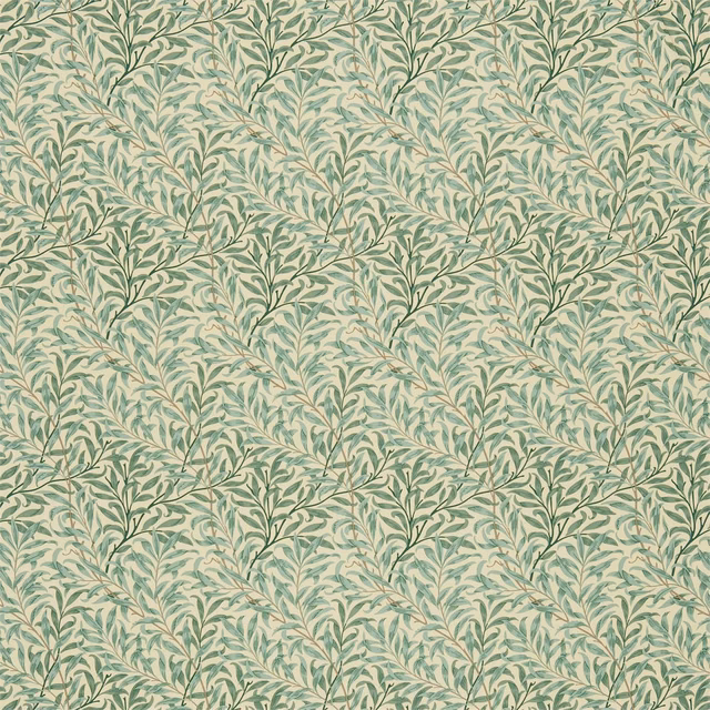 Cream fabric with pale green willow leaves and winding botanical branches