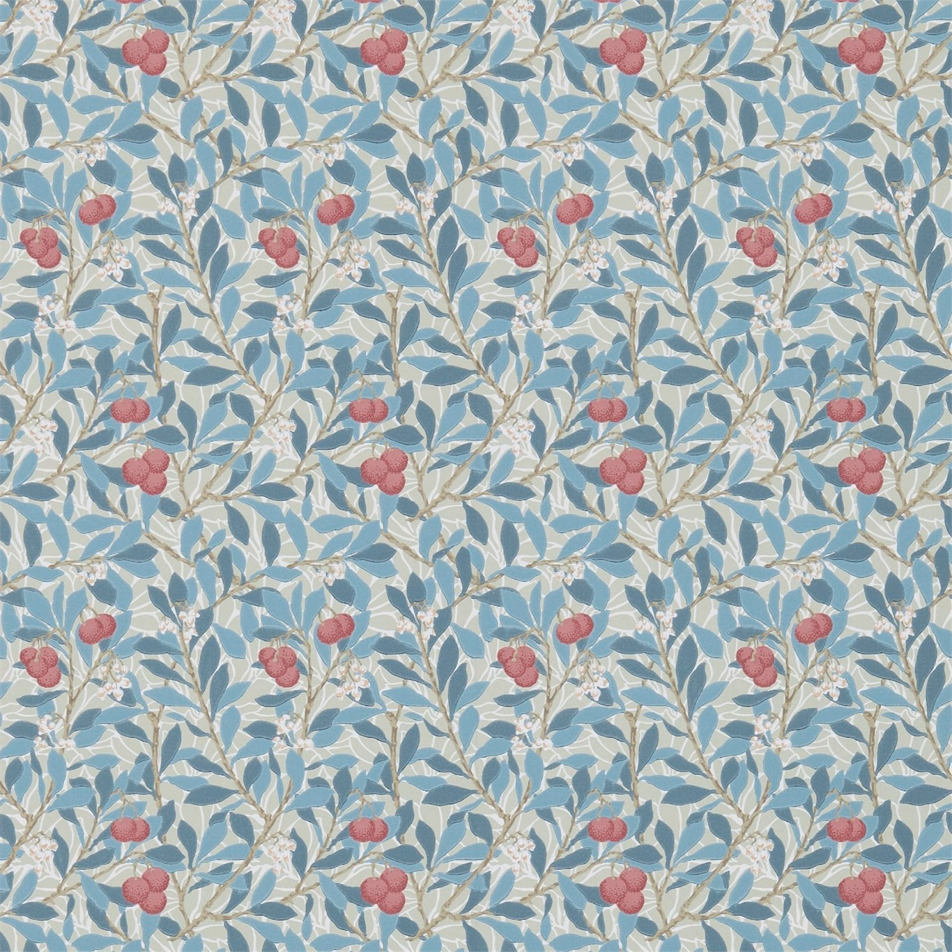 Muted woad-blue wallpaper with cream foliage and russet berry clusters