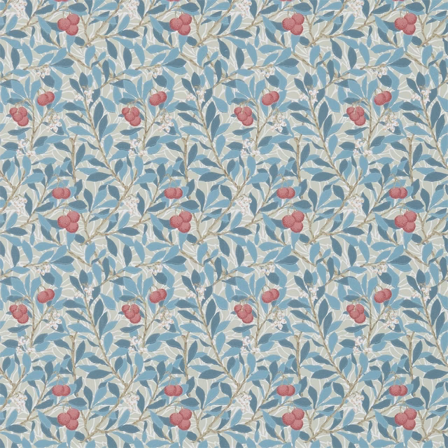 Muted woad-blue wallpaper with cream foliage and russet berry clusters