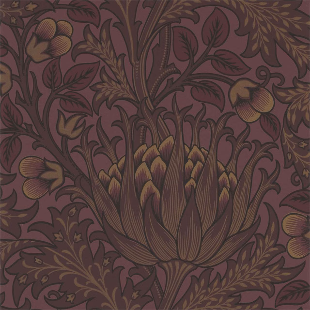 Deep wine wallpaper with a central artichoke, curling stems and muted bronze flowers