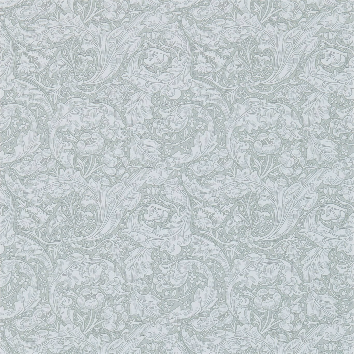 Pale silver-grey wallpaper with scrolling acanthus leaves and clustered floral motifs