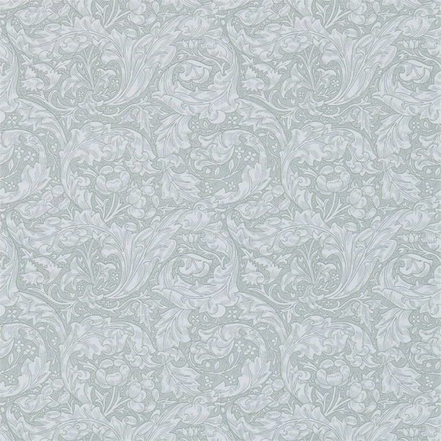 Pale silver-grey wallpaper with scrolling acanthus leaves and clustered floral motifs