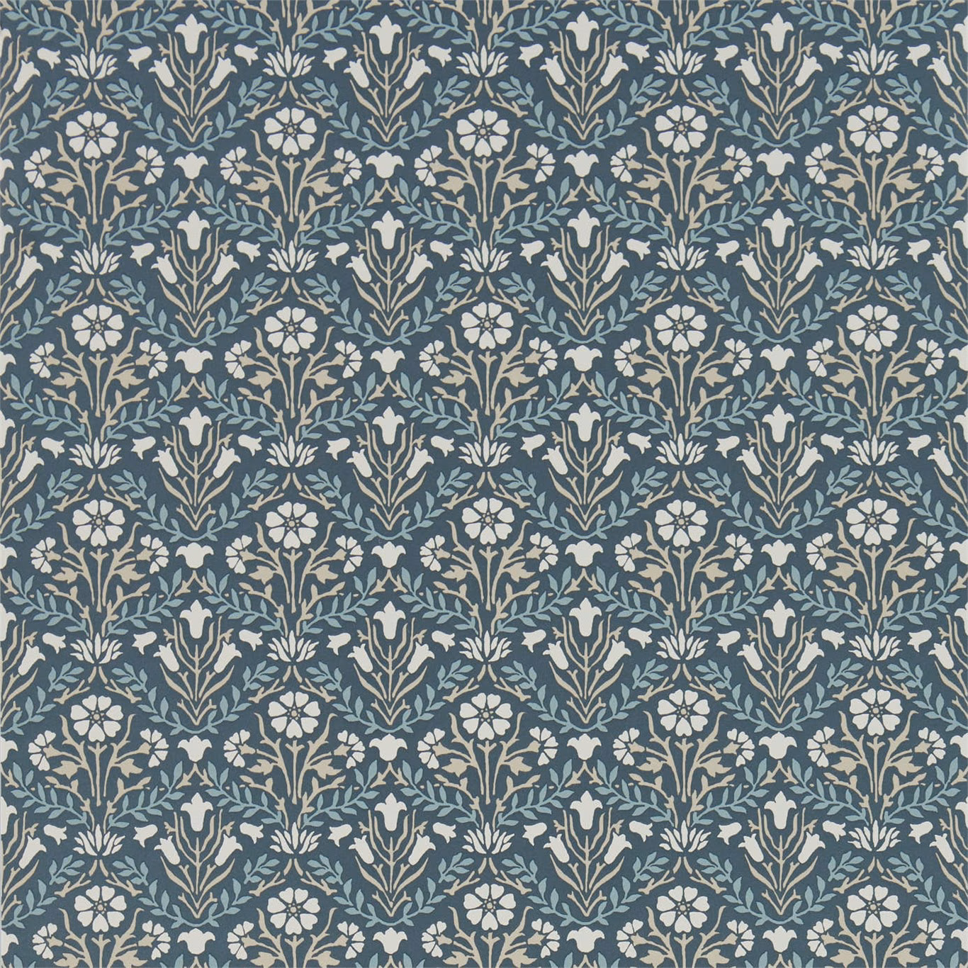 Muted indigo-blue wallpaper with linen botanical bells, leaves and curling stems