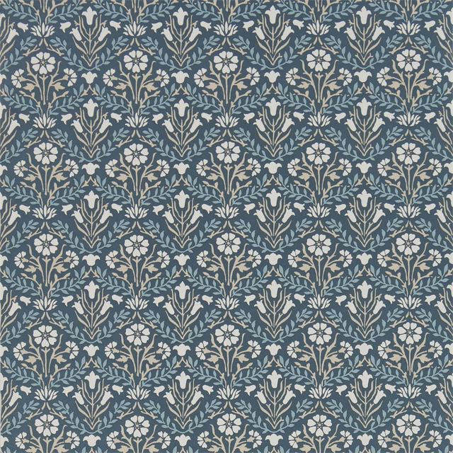 Muted indigo-blue wallpaper with linen botanical bells, leaves and curling stems