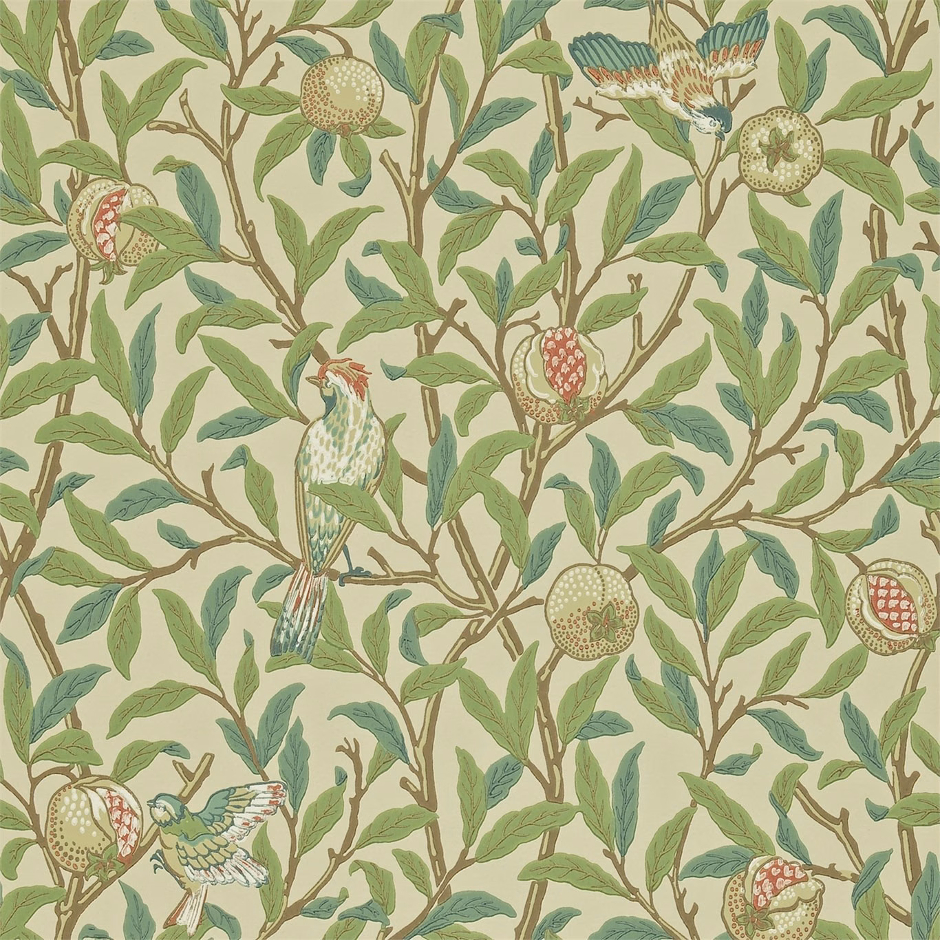 Bayleaf green branches with cream ground, pomegranates and perched birds