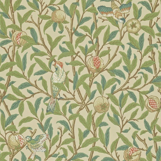 Bayleaf green branches with cream ground, pomegranates and perched birds