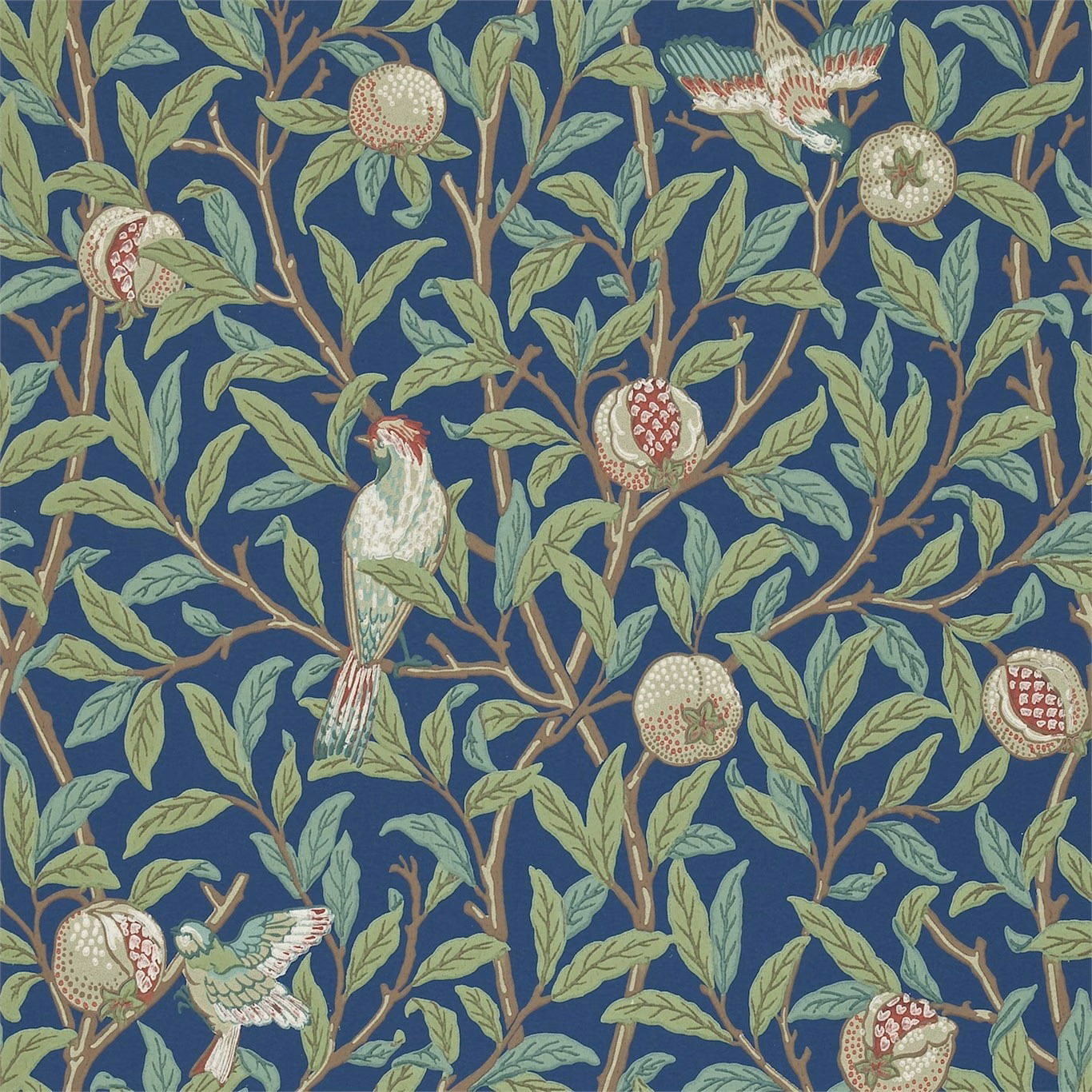Blue and sage wallpaper with leafy branches, pomegranates and perched birds