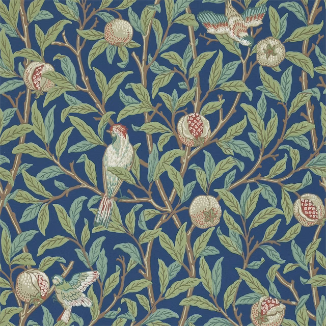 Blue and sage wallpaper with leafy branches, pomegranates and perched birds