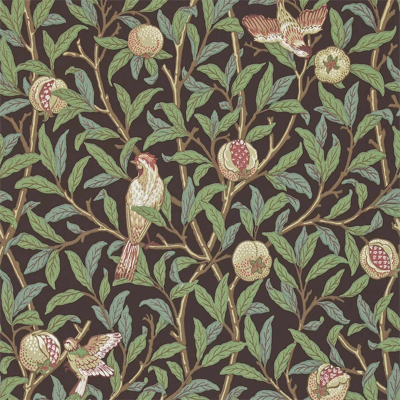 Charcoal wallpaper with sage branches, pomegranates and cream birds in a dense botanical pattern