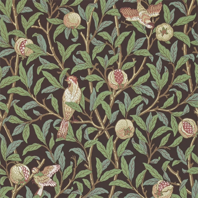 Charcoal wallpaper with sage branches, pomegranates and cream birds in a dense botanical pattern