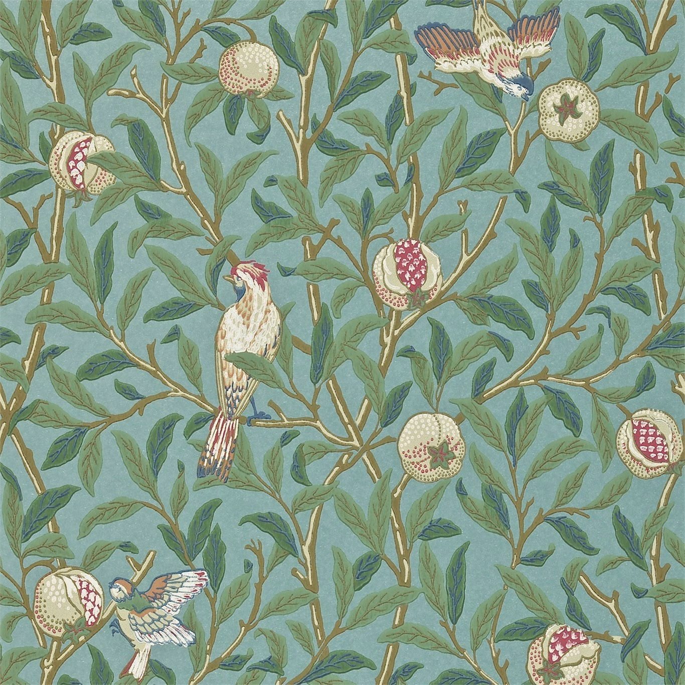 Turquoise botanical wallpaper with coral pomegranates, leafy branches and perched birds