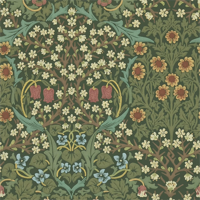 Moss-green wallpaper with cream blossoms, blue leaves and russet floral motifs
