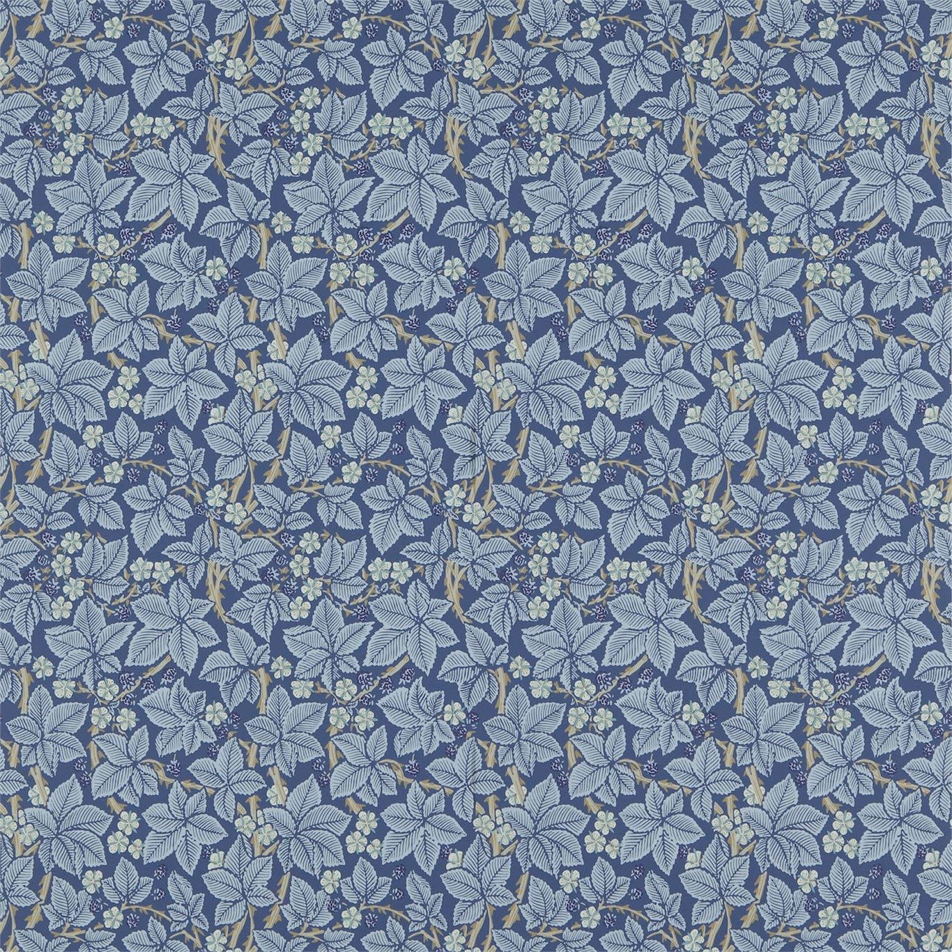 Dense pale blue botanical leaves on a deep indigo wallpaper ground with ivory accents