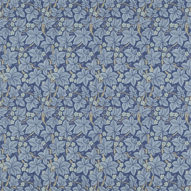 Dense pale blue botanical leaves on a deep indigo wallpaper ground with ivory accents