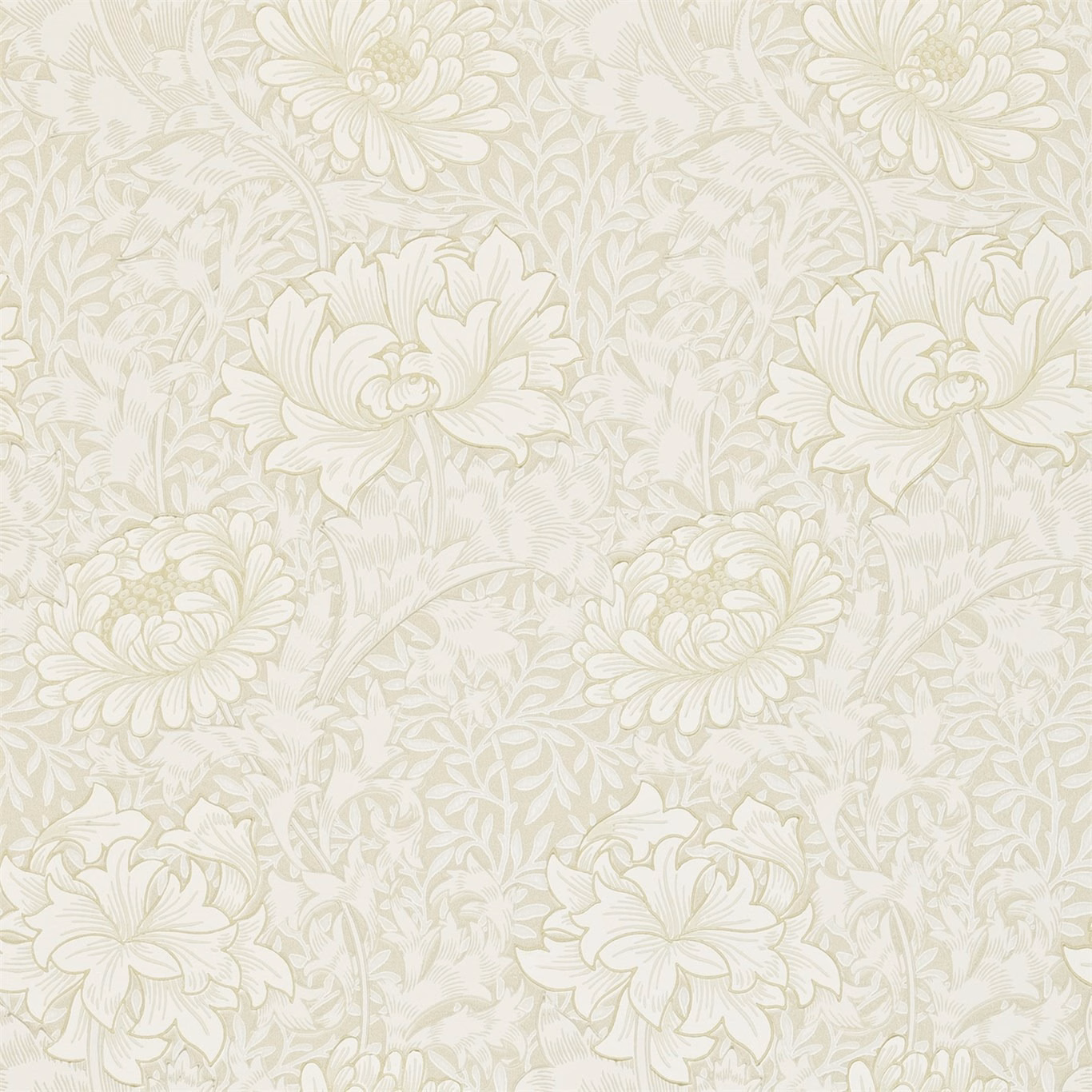 Pale chalk wallpaper with ivory chrysanthemums and muted grey-green botanical linework