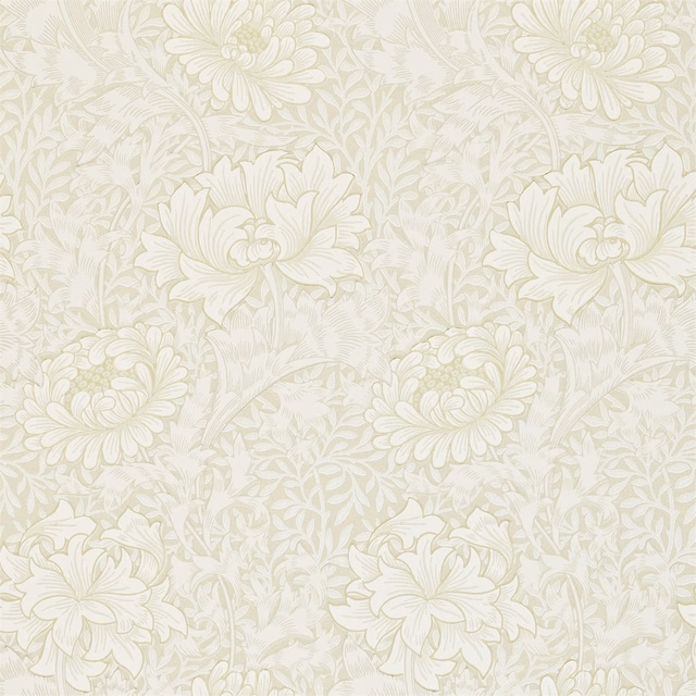 Pale chalk wallpaper with ivory chrysanthemums and muted grey-green botanical linework
