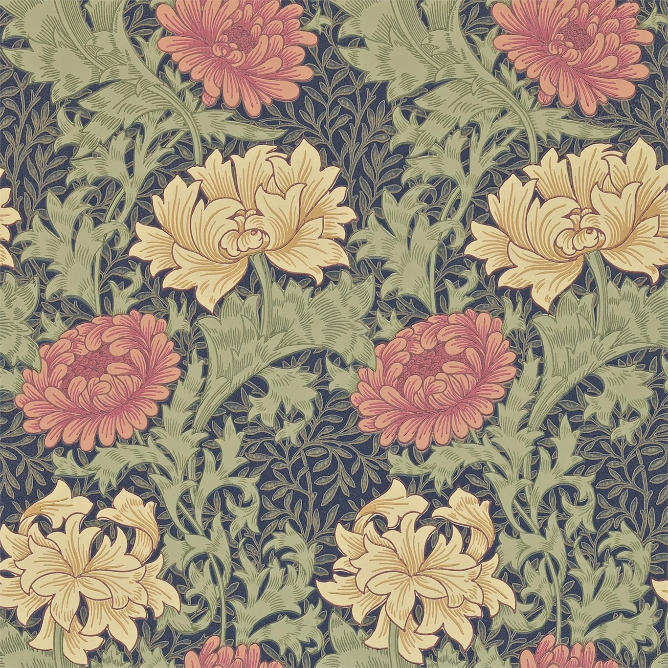 Indigo wallpaper with coral and cream chrysanthemums among sage leaves