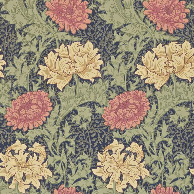Indigo wallpaper with coral and cream chrysanthemums among sage leaves