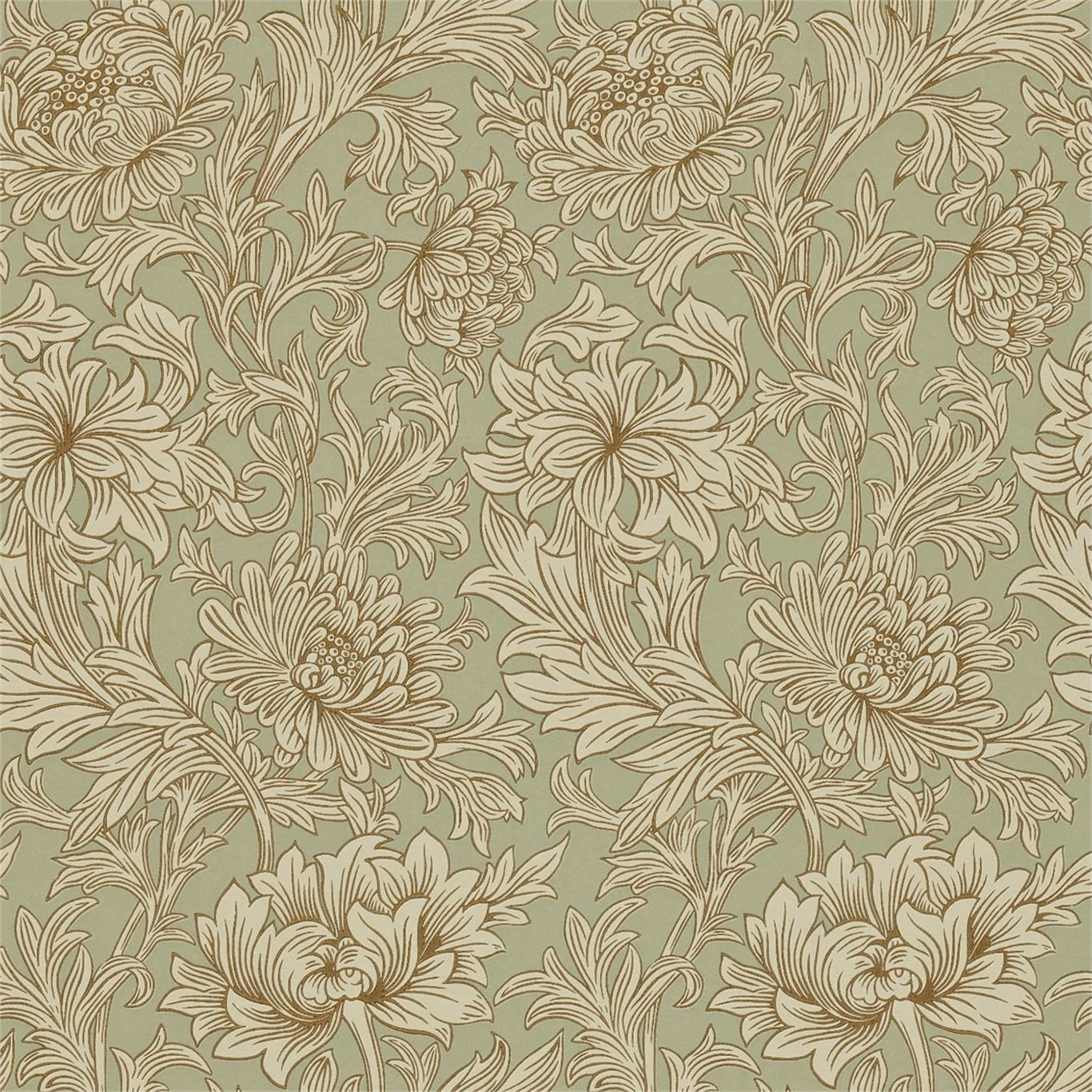 Eggshell and gold chrysanthemum blooms on a muted sage-green ground