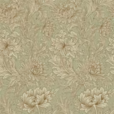 Eggshell and gold chrysanthemum blooms on a muted sage-green ground