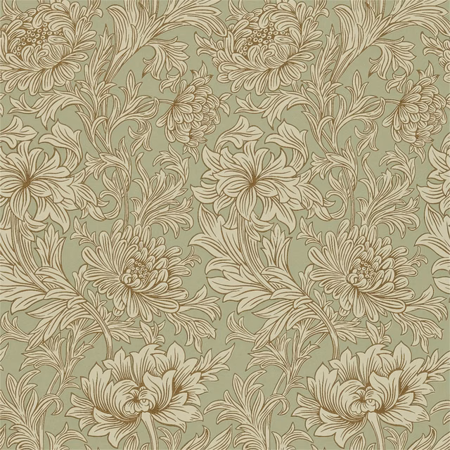 Eggshell and gold chrysanthemum blooms on a muted sage-green ground