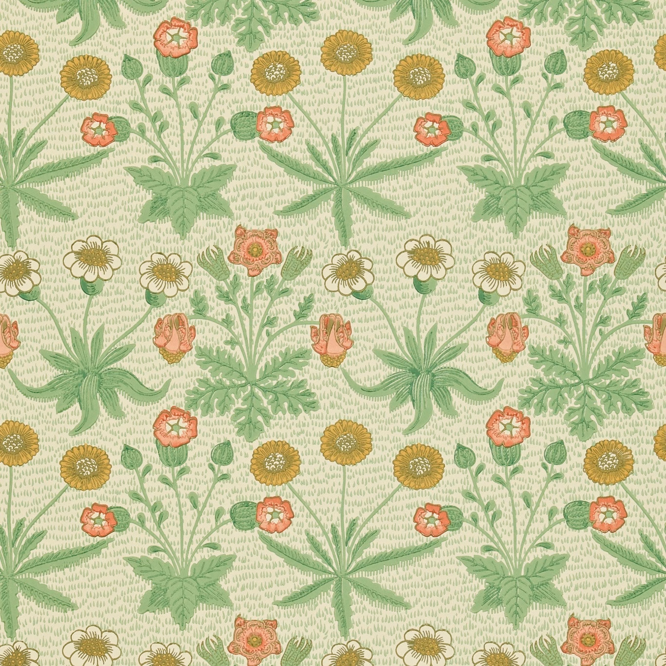 Artichoke-green foliage, coral flowers and mustard daisies on a plaster ground
