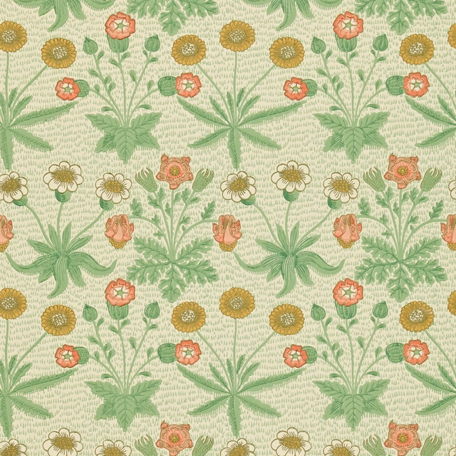 Artichoke-green foliage, coral flowers and mustard daisies on a plaster ground