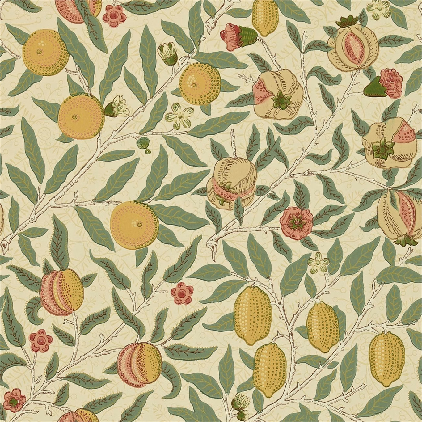 Beige botanical wallpaper with gold citrus, coral fruit and sage leaves