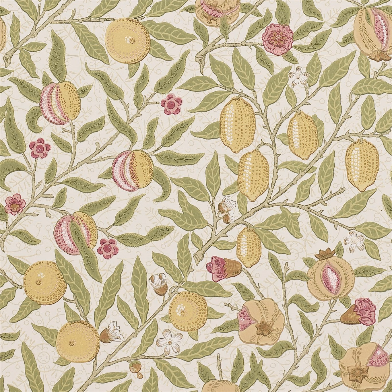 Limestone wallpaper with artichoke leaves, ochre fruit and muted rose blossoms