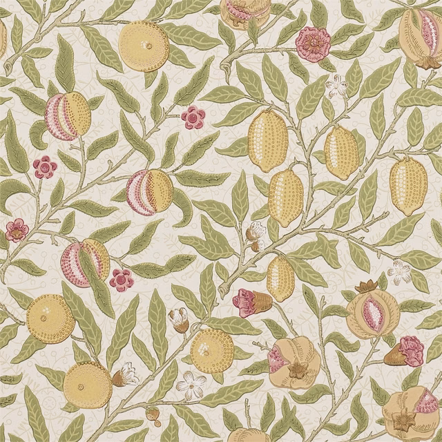 Limestone wallpaper with artichoke leaves, ochre fruit and muted rose blossoms