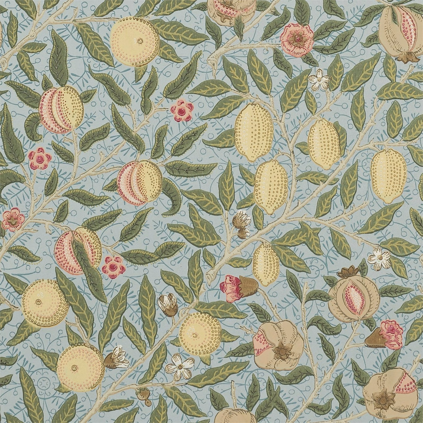 Slate-blue wallpaper with olive leaves, pale fruits and pink botanical blossoms