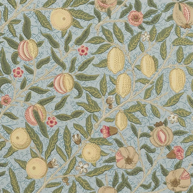 Slate-blue wallpaper with olive leaves, pale fruits and pink botanical blossoms