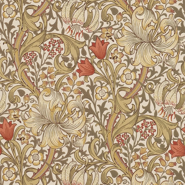 Biscuit wallpaper with olive scrolls, cream lilies and brick-red flowers