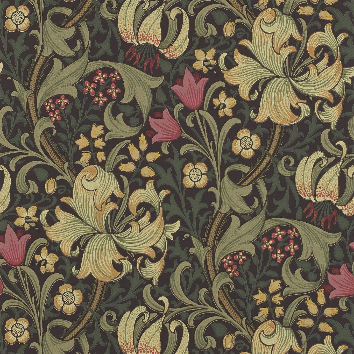 Charcoal olive wallpaper with pale lilies, scrolling foliage and berry-red floral accents