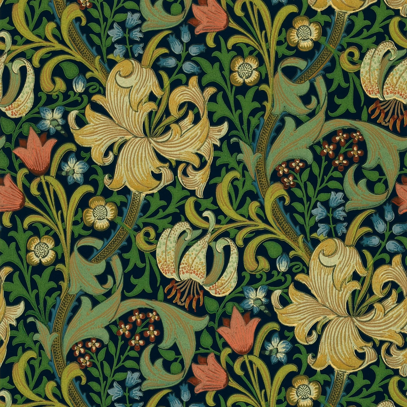 Deep indigo wallpaper with golden lilies, olive scrolls and teal paisley foliage