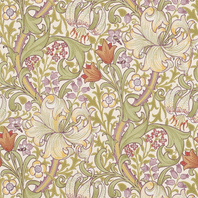 Olive and russet Golden Lily florals on a softly cream printed ground