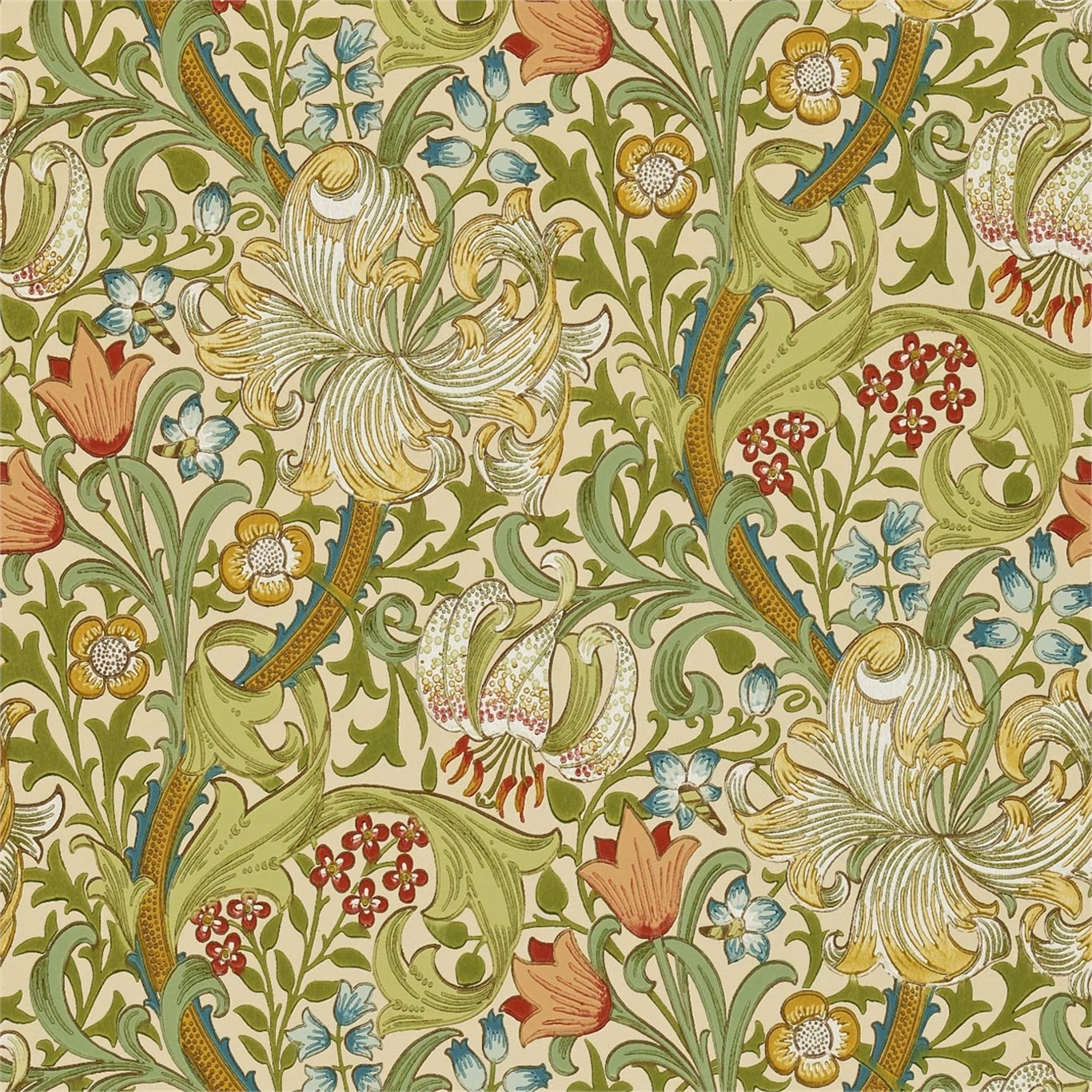 Pale biscuit wallpaper with olive scrolls, teal accents and red floral sprays
