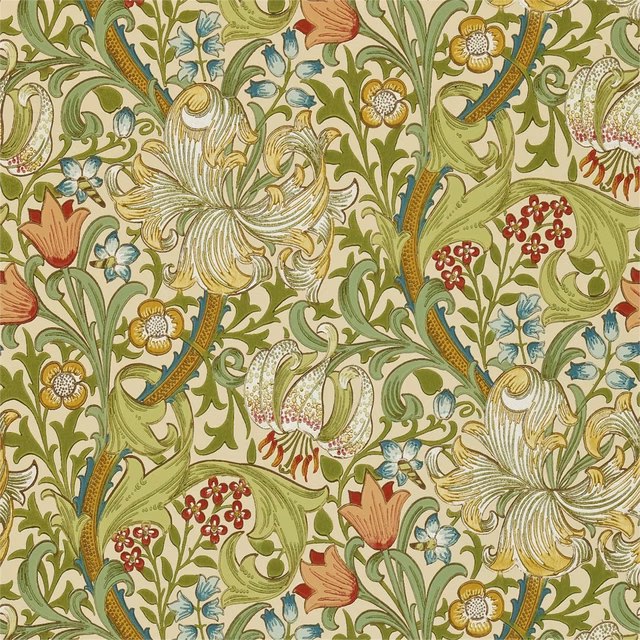 Pale biscuit wallpaper with olive scrolls, teal accents and red floral sprays