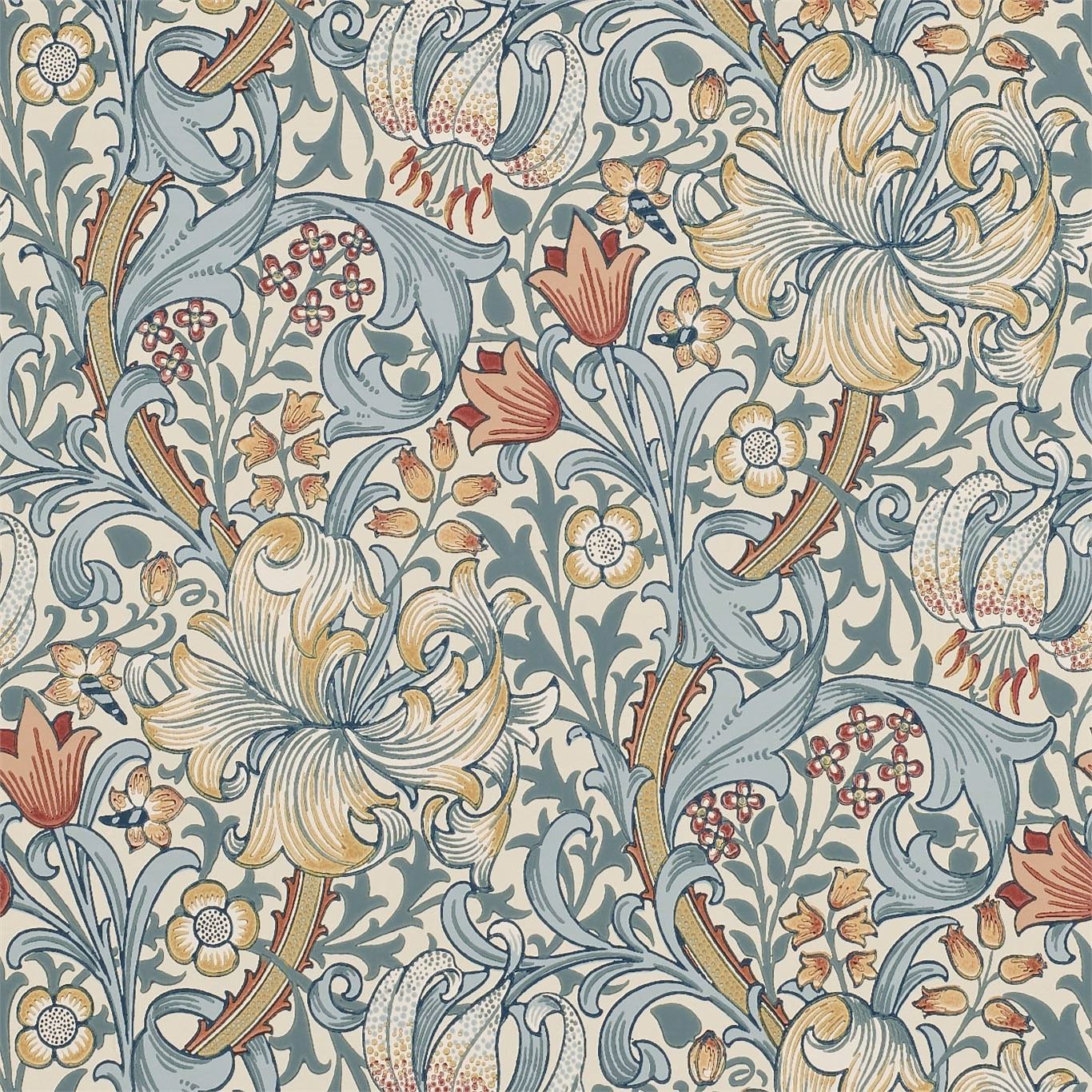 Slate-blue and manilla Golden Lily wallpaper with curling leaves and oversized blooms