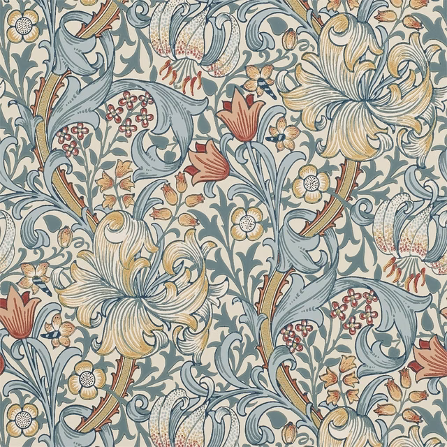 Slate-blue and manilla Golden Lily wallpaper with curling leaves and oversized blooms