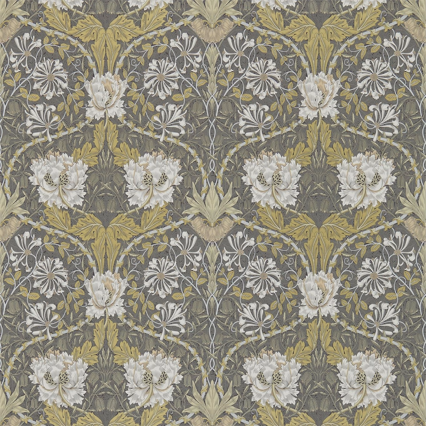Charcoal wallpaper with pale flowers and muted gold olive foliage