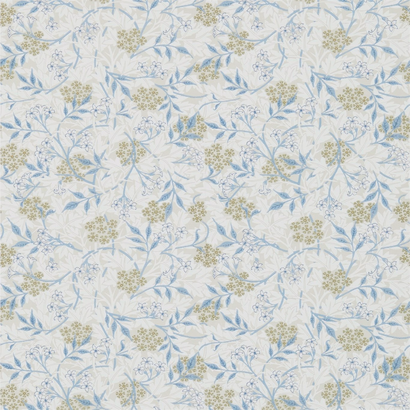Ecru wallpaper with pale woad-blue leaves and olive botanical clusters