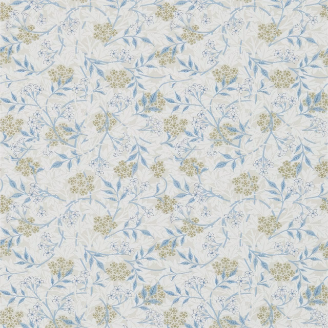 Ecru wallpaper with pale woad-blue leaves and olive botanical clusters